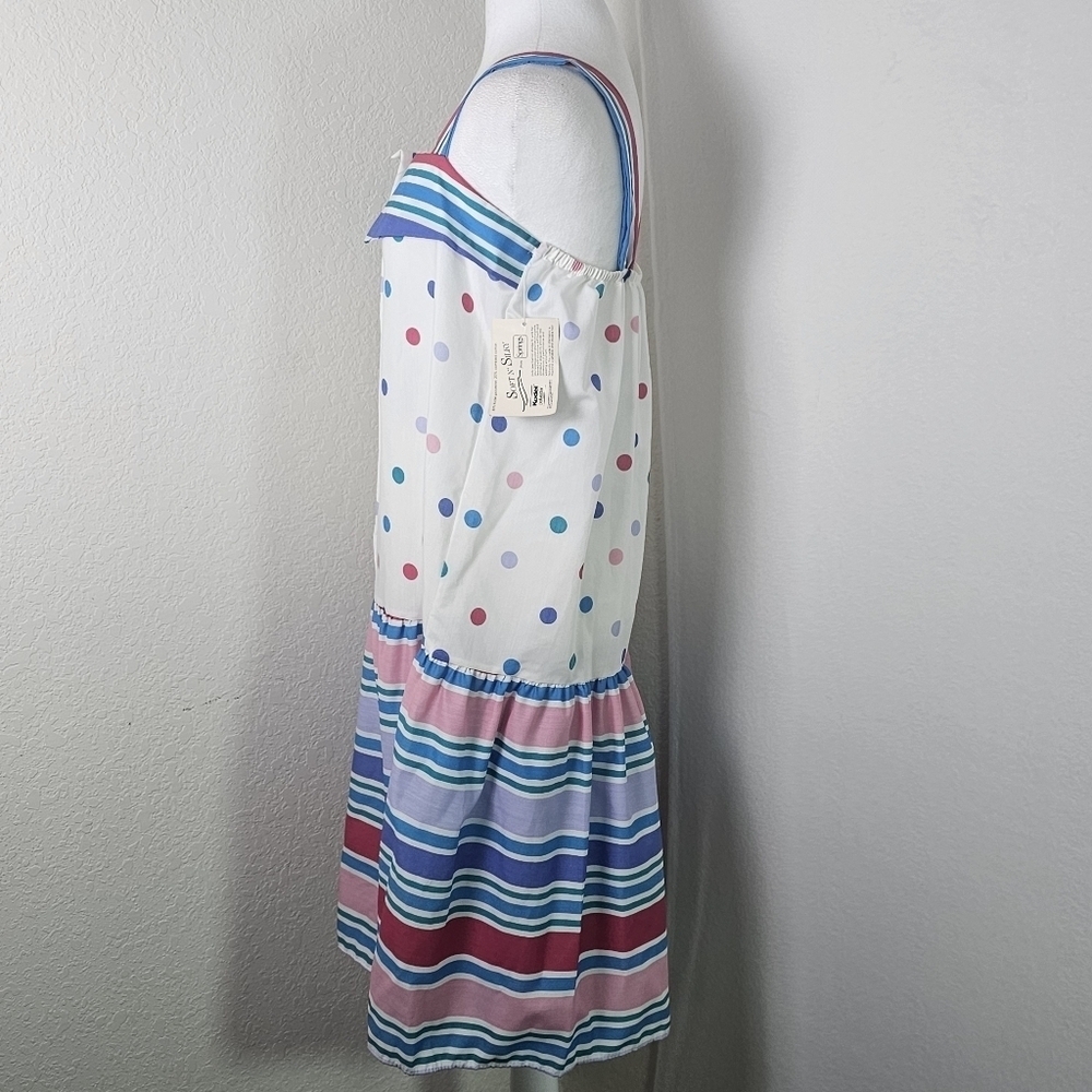 VTG 1980's Its A Charm Deadstock Multi Color Polka Dot/Stripe Dress Whimsy Sz L - Picture 6 of 16
